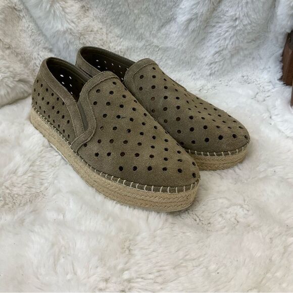 Steve Madden Widmer olive green leather suede perforated platform espadrilles 7B - Picture 3 of 14